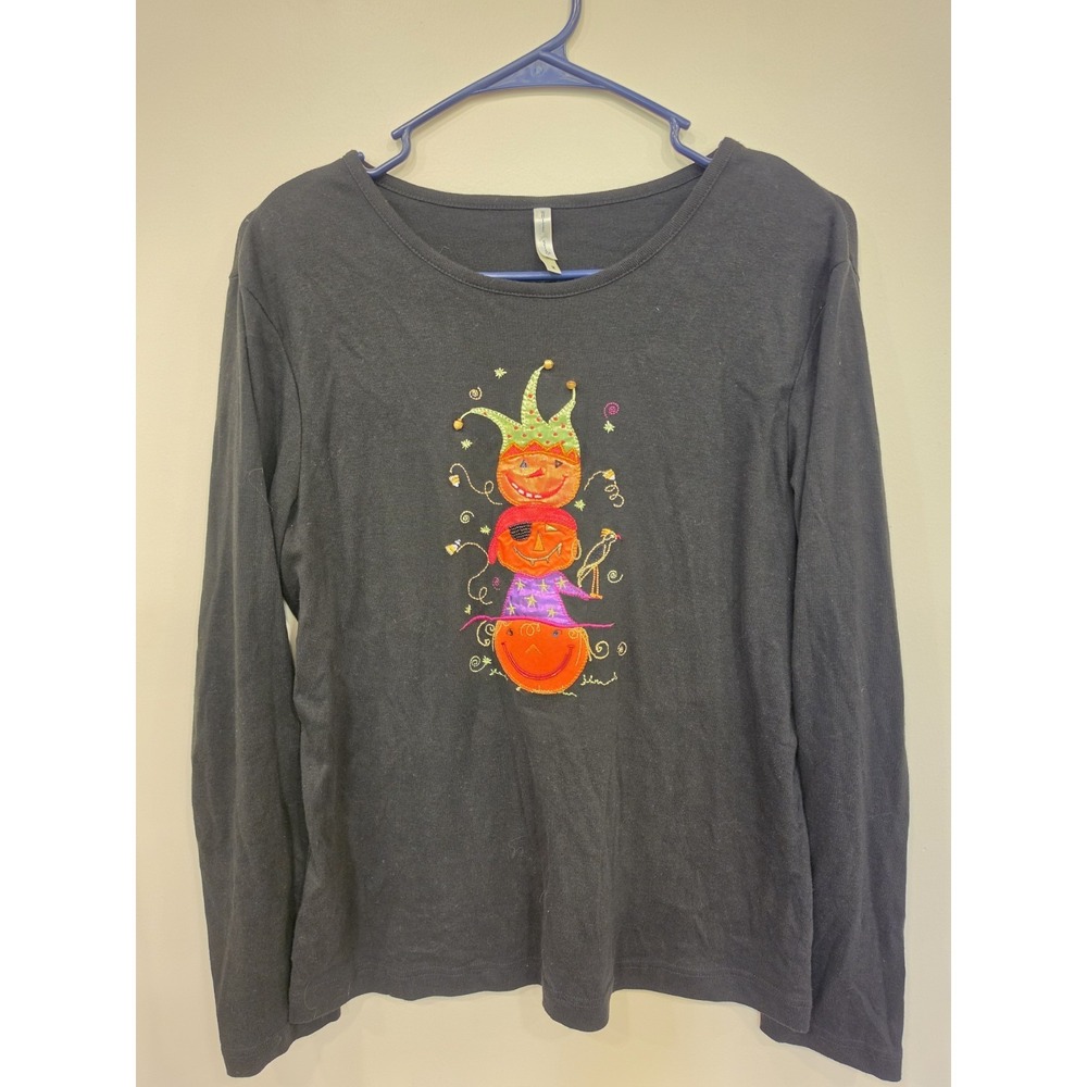 White Stag Halloween Pumpkin Embroidered Black Long Sleeve Shirt Women's M Cute